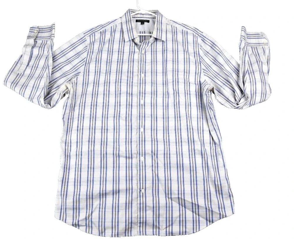 Banana Republic Shirt Men 2XL Slim Beige Blue Non-Iron Plaid Button Up